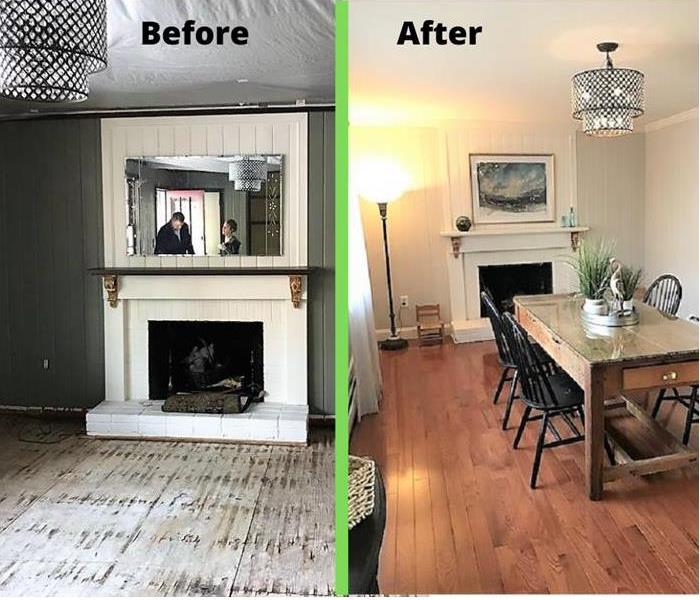 Before and after photos of a water damaged dining room